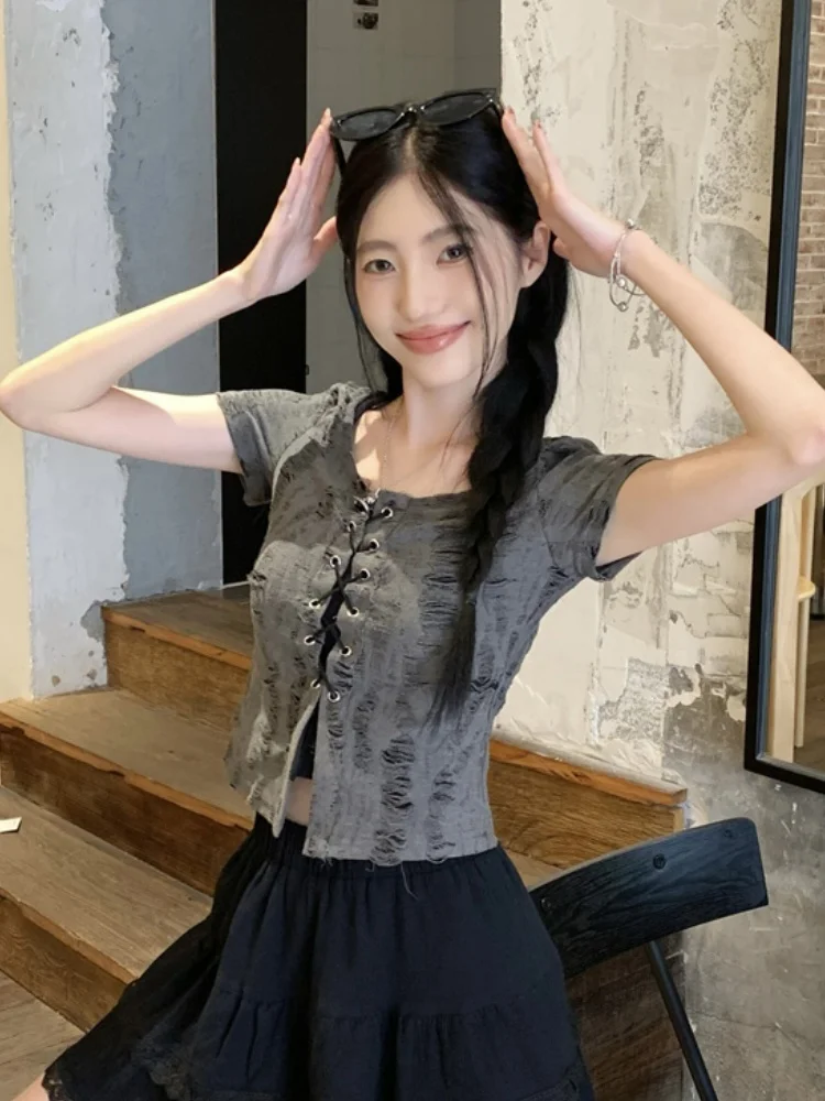 Retro ey Hollow out ort Sve Dames Inner Wear Strap Design Dstring Belt Top Tweedelige set Faionable Casual Wear