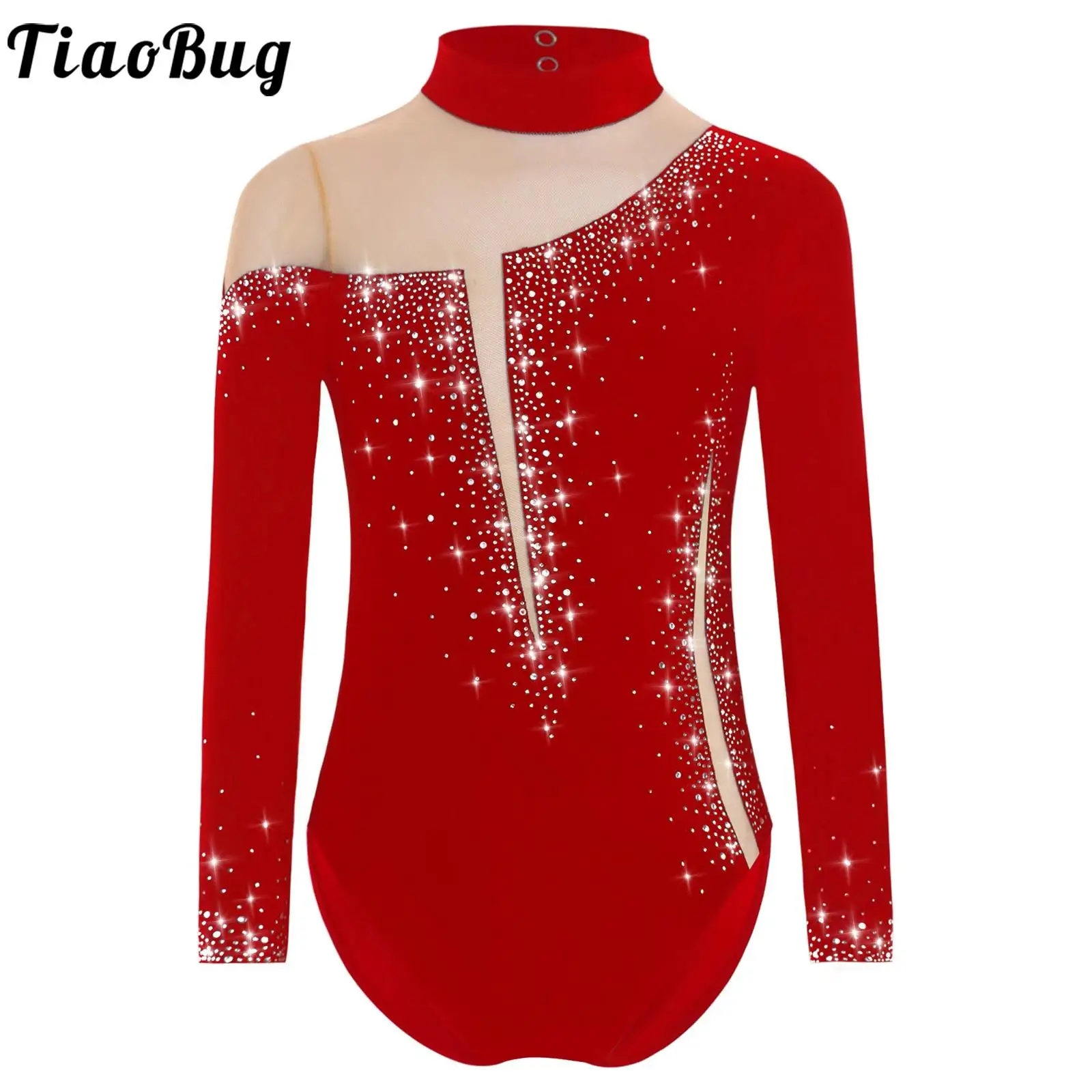 Kids Girls Figure Skating Rhythmic Gymnastics Performance Costume Long Sleeve Sparkly Rhinestone Ballet Dance Leotard Dancewear