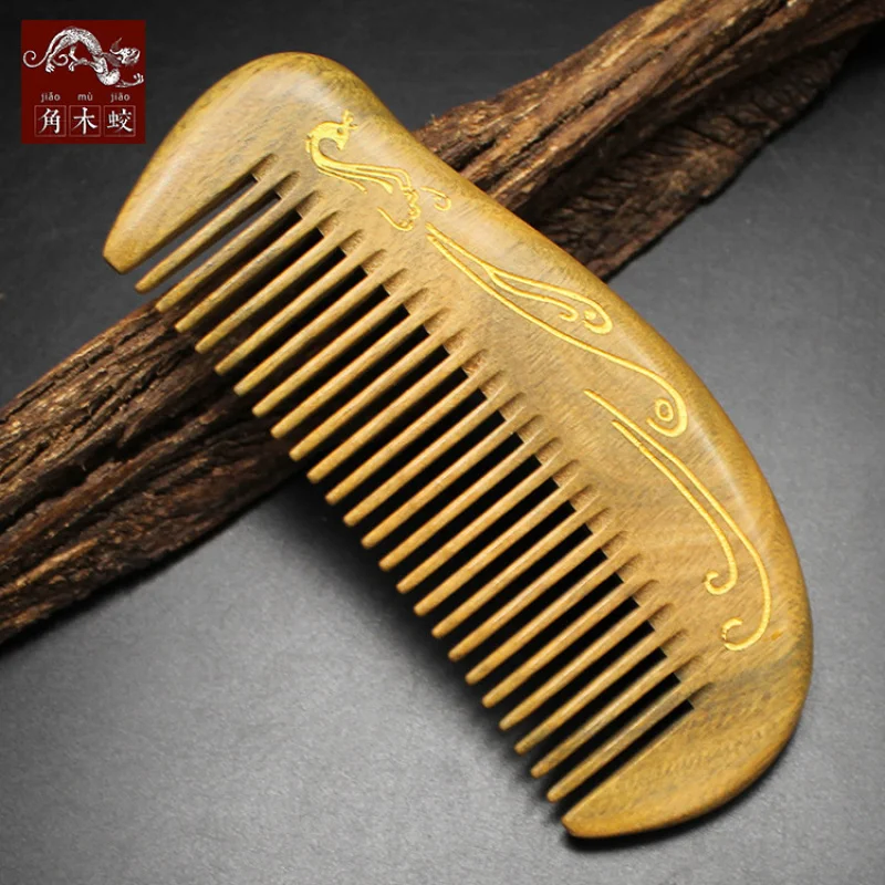 

Green Sandalwood Comb with Carved Gold Detailing and Fine Teeth