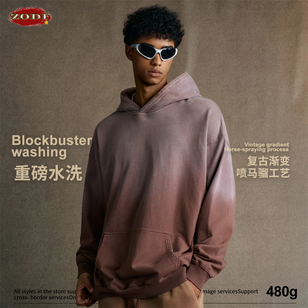 ZODF Vintage 480gsm Monkey Washed Gradient Cotton Hoodies For Man Unisex Retro High Street Distressed Hooded Pullovers  HY1147