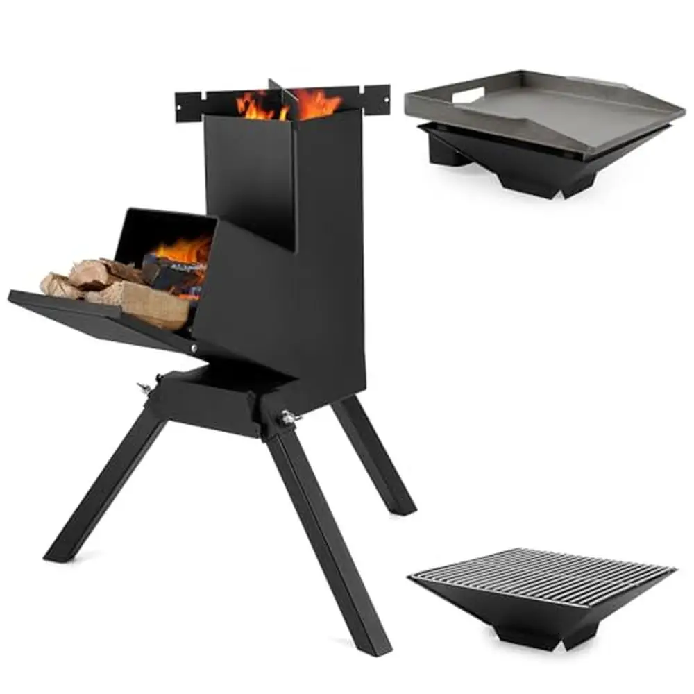 Portable Outdoor Cooking Rocket Stove Kit with Grill Rack and Griddle Stand