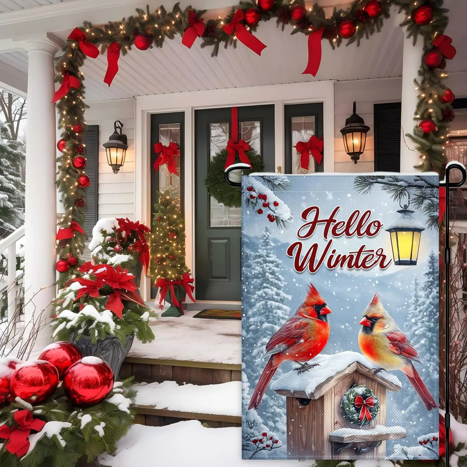 Hello Winter Cardinal Garden Flags for Outside 12×18 Inch Double Sided Xmas Cardinal Garden Flags with Red Bird Pine Twigs B SSL