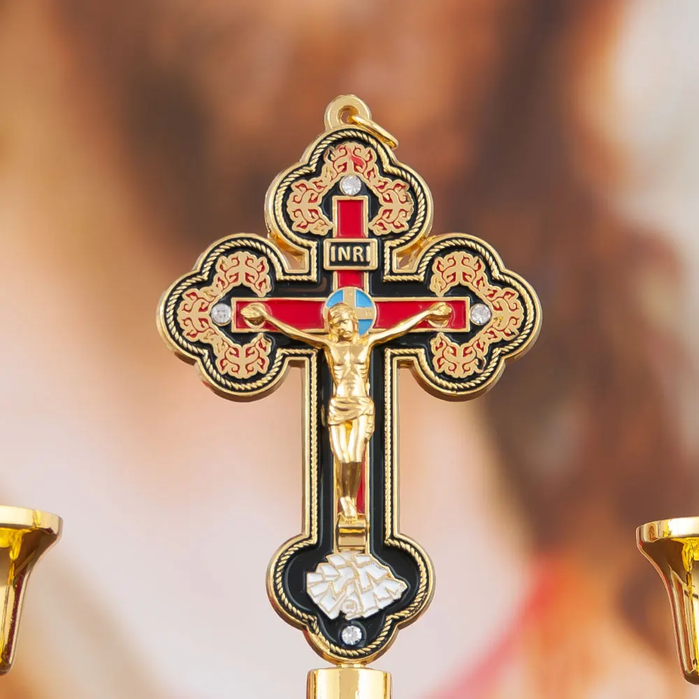 HTISOK Orthodoxer Kreuz-Kerzenhalter, Jesus-Kerzenhalter, vergoldeter Kerzenhalter aus Zinklegierung, Kirchenbedarf, religiöses Geschenk – Detail 2