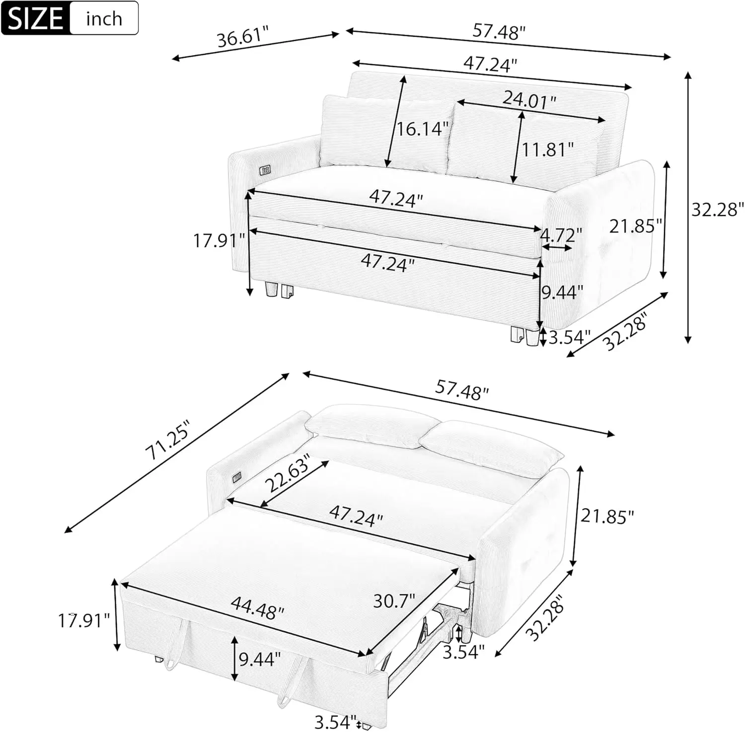 Merax Pull-Out Sofa Bed Convertible Couch 2 Seat Loveseat Sofa Modern Sleeper Sofa With Two Throw Pillows And Usb Ports For