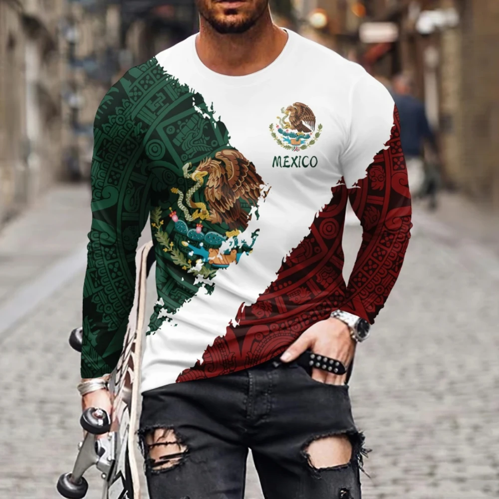 Mexico Eagle Print T Shirt For Men Fashion 3D Pattern Long Sleeve T-shirt Casual O-neck Cotton Tops Hip Hop Trend Loose Pullover