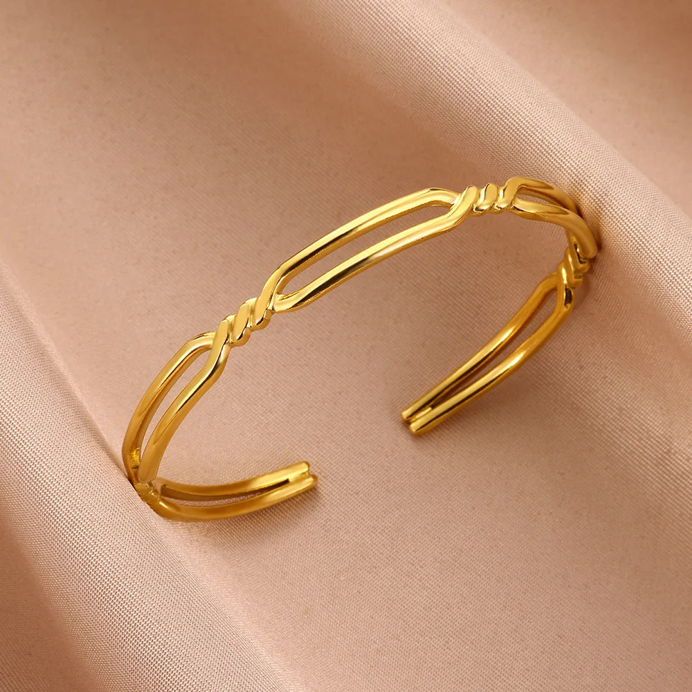 

Stainless Steel Double Layer Braided Open Bangle 2024 Trendy Simplicity Gold Color Charm Bracelet Bangle Jewelry Accessories