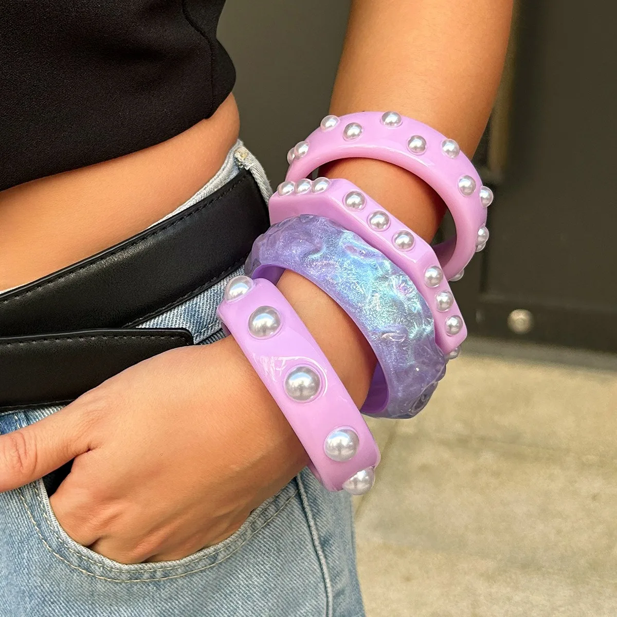 

New Punk Imitation Pearl Acrylic Resin Wide Thick Bracelets For Women Girls Fashion Shiny Cuff Bangles Party Aesthetic Jewelry