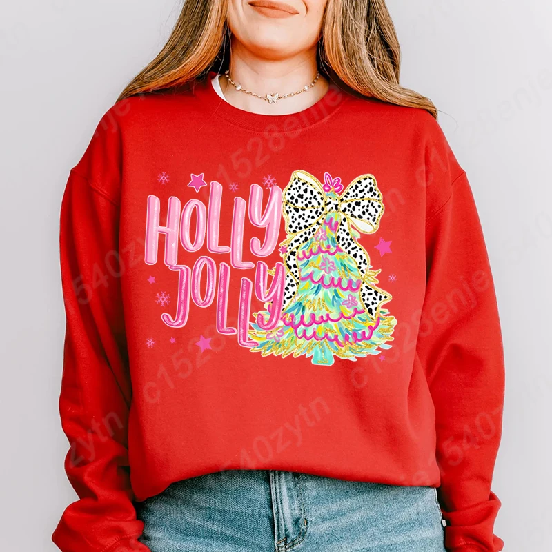 Christmas Tree Bow Holly Jolly Print Hoodless Sweatshirt Women Fall & Winter Fashion Pure Color Pullover Ladies O Neck Pullovers