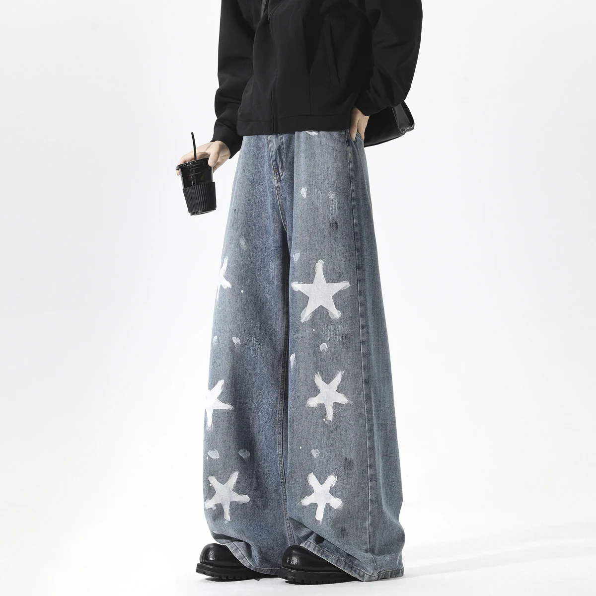 

LAPPSTER New Stars Print Hip Hop Loose Jeans Men Korean Style Fashion Straight Wide Leg Pants Casual Clothing Blue Denim Pants
