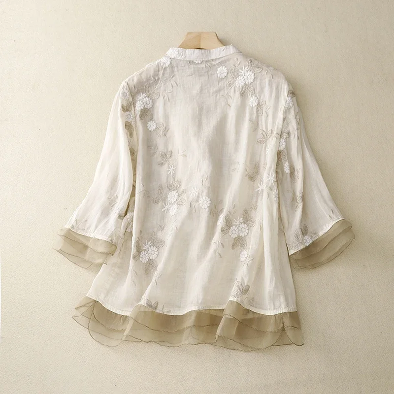 Women\'s Cotton Linen Floral Blouses, Loose Top, Short Sleeve, Embroidery, Chinese Style, Summer, New 2024 Korean