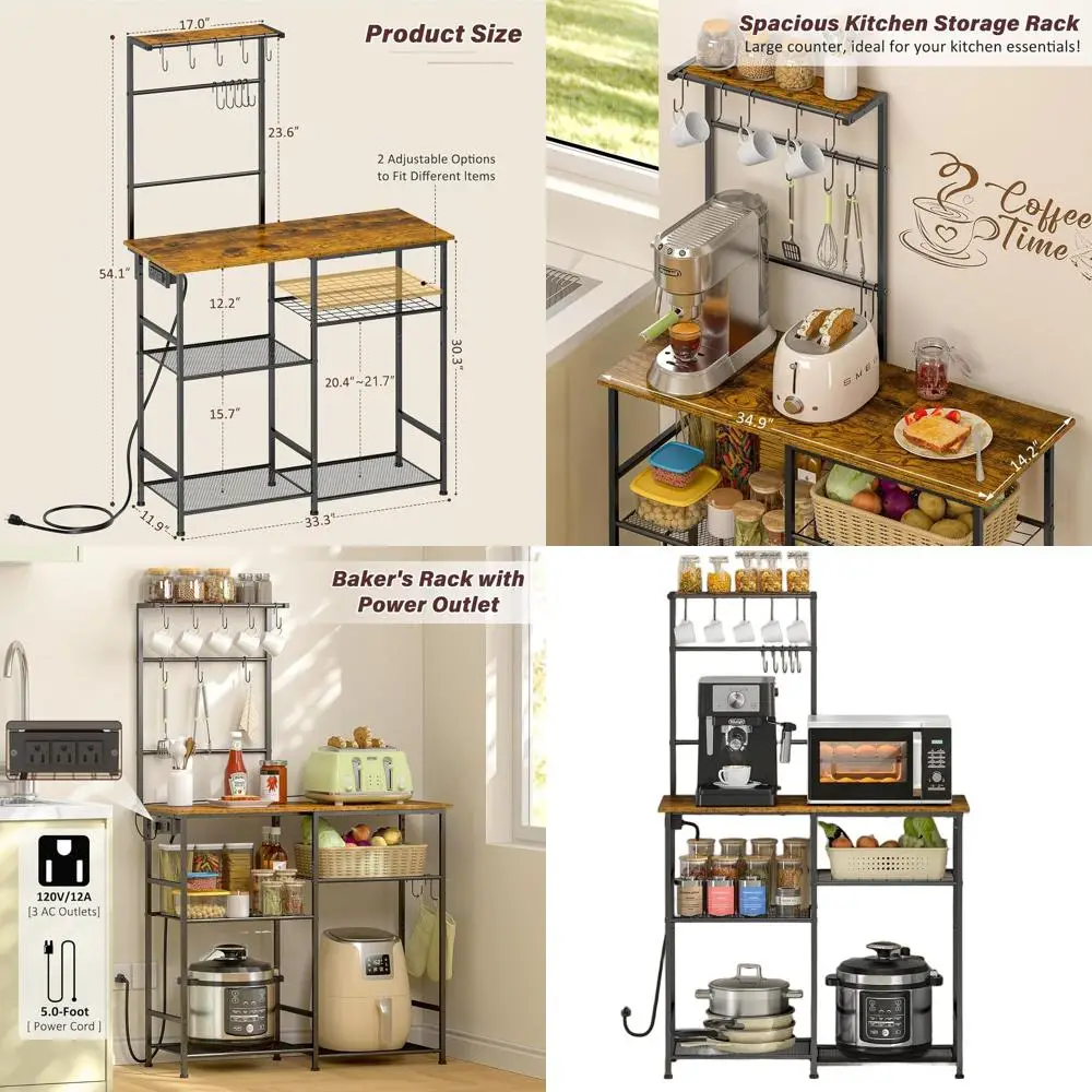 

Kitchen Storage Solutions: 6-Tier Spice Rack, Microwave Stand with Hooks, and Rustic Brown Baker's Rack
