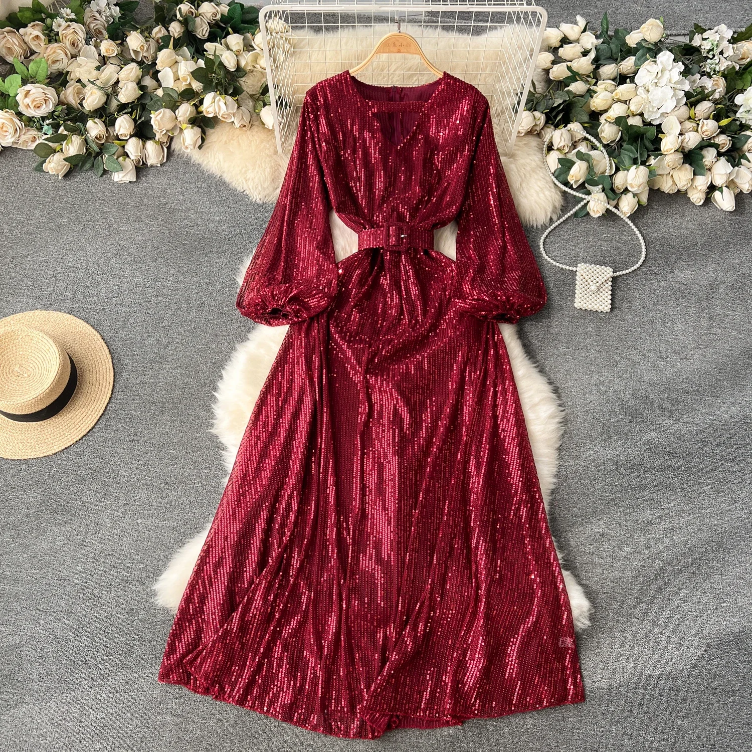 

Chic Sexy Sequins Dress Belt Straps V-neck Puff Sleeve Long Sleeves Fashion Women Slim Autumn Winter Birthday Party Robe