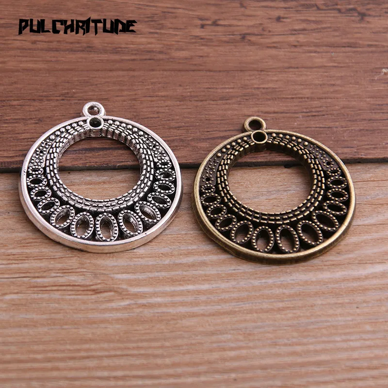 PULCHRITUDE 4pcs 33*36mm Two Color Zinc Alloy Vintage Round Hollow Connectors Pendants Jewelry Making DIY Handmade Craft