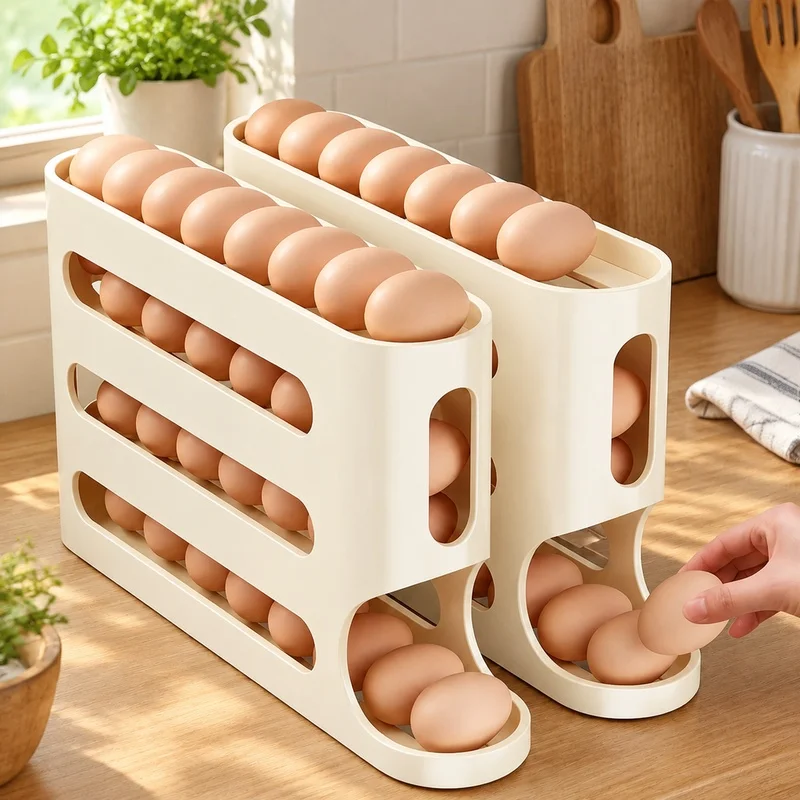 4-Tier Ladder Style Egg Storage Rack for Refrigerator Side Door with Auto Rolling Mechanism and Spacious Design