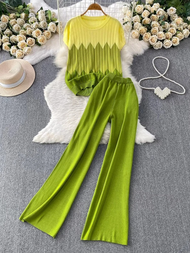 Two Piece Set For Women New Chic Loose Vibrant Color Block Stripe Knit Crew Neck Top And Wide Leg Summer Elegant The Pants