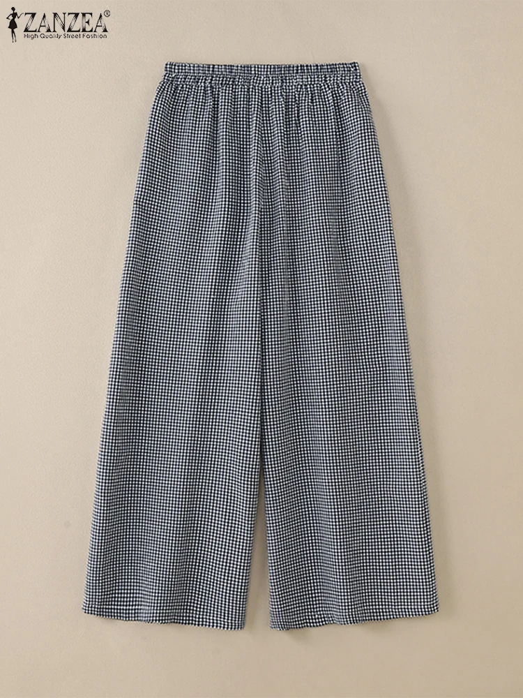 ZANZEA-pantalones a cuadros de guinga para mujer, pantalón holgado informal Vintage, para uso diario, pantalones de pierna ancha con cintura elástica para ir al trabajo, otoño 2024