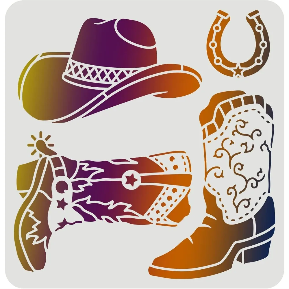 Cowboy Boots and Hat Stencil 11.8x11.8inch Reusable Cowboy Stencils Western Cowboy Stencils for Painting on Wood, Tile, Paper,