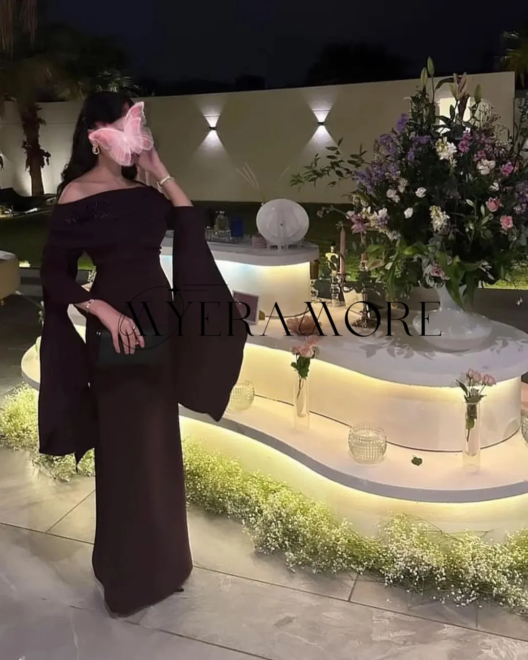 Modische schulterfreie Abendkleider, blauer Tüll, A-Linie, bodenlang, Ballkleider, maßgeschneidert