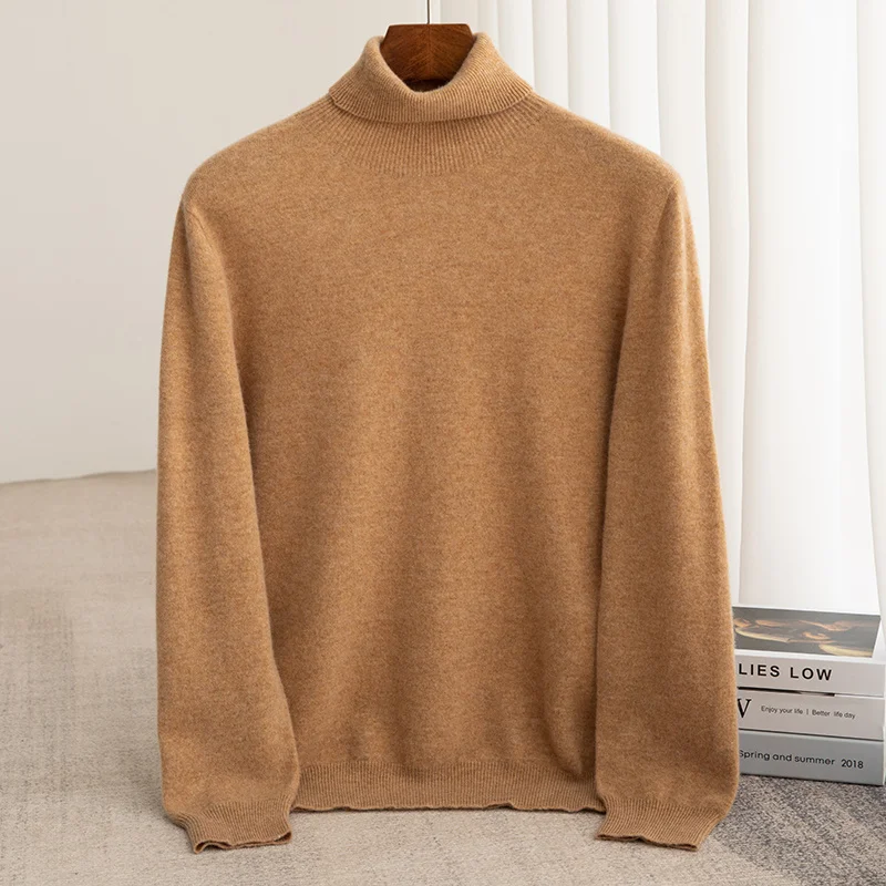 Men 100% Merino Wool Sweater Turtleneck Knitted Pullover Cashmere Warm Solid Color Clothes Business Bottoming Tops Autumn Winter