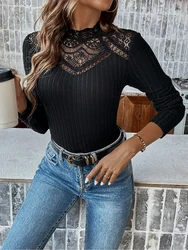 Women's fashion neckline lace applique edge fashion elegant long sleeve T-shirt blouse woman