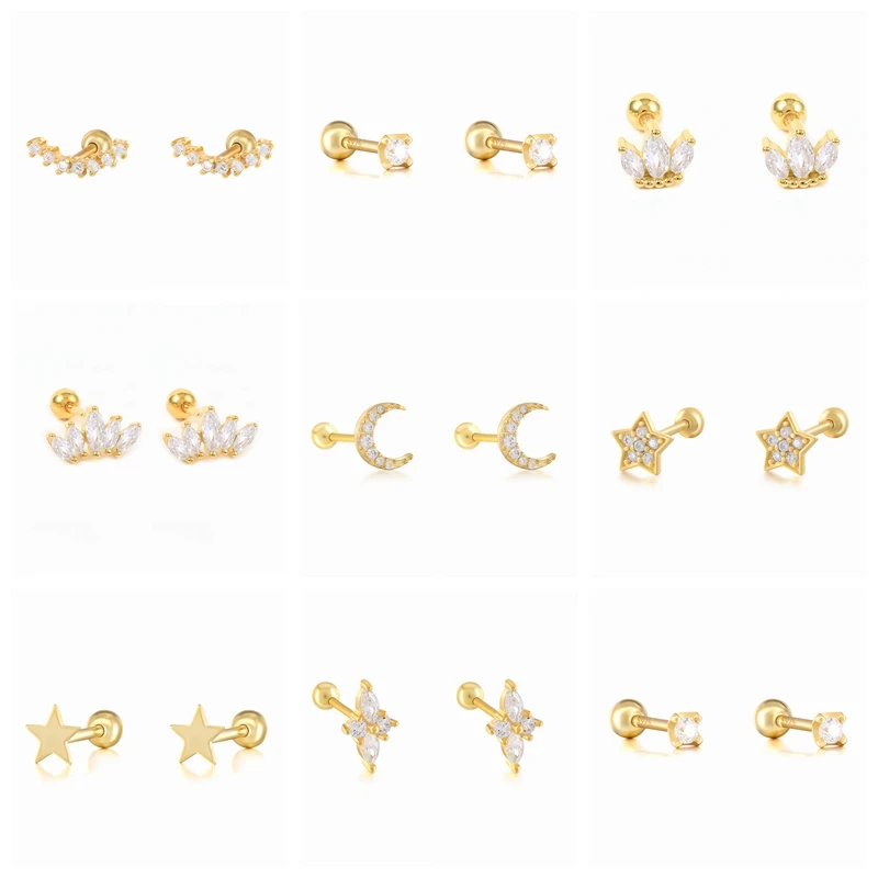 CANNER 925 Sterling Silver Cute Zircon Ear Bone Nail Mini Moon Star Gold Silver Color Piercing Stud Earrings for Women Jewelry