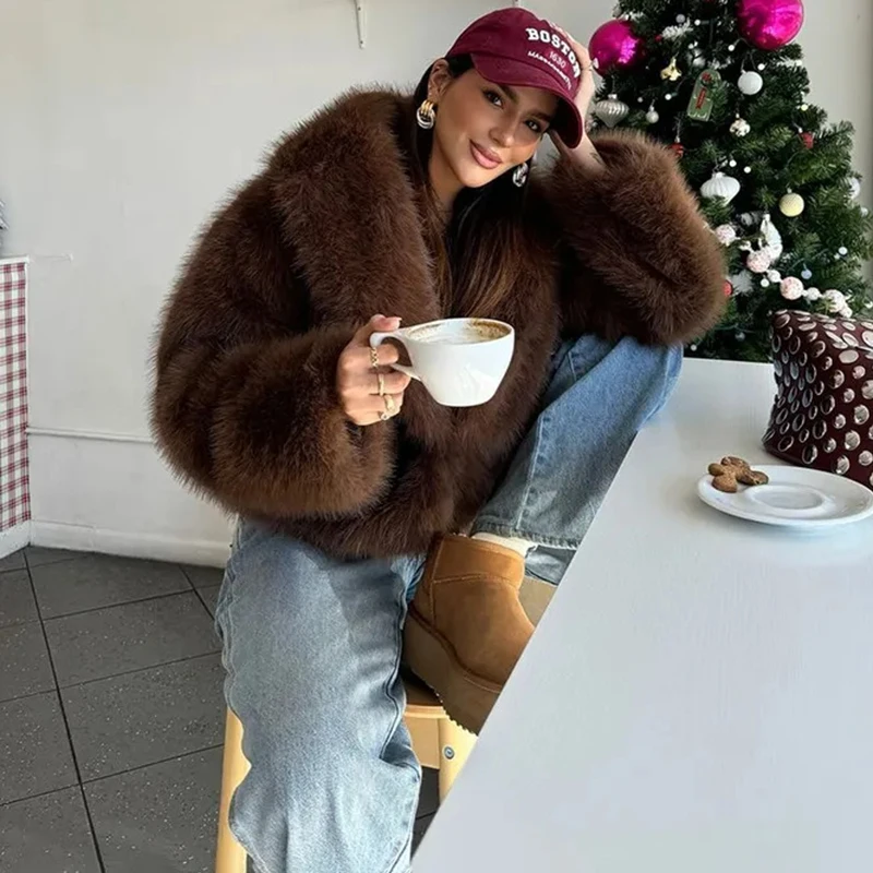 معطف تورنفا ريترو فاخر قصير من الفرو الصناعي للنساء مع طية صدر السترة موضة فروي سترة شتوية دافئة 2025 معطف نسائي جديد متين من الفرو الصناعي