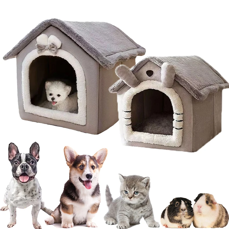 

Newest Semi Enclosed Foldable Cat House Warm Plush Detachable Kennel with Cushion for Small Dogs Cats Four Season Indoor Use