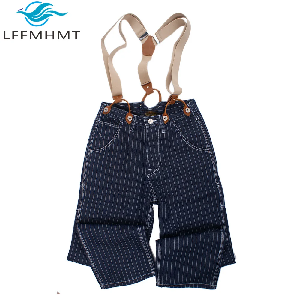 Wide Leg Striped Bib Overalls for Men Detachable Suspenders Loose Vintage Railroad Work Pants Multi Pocket Workwear Denim