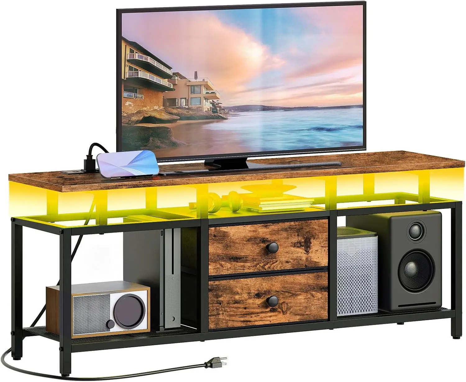 

Тумба под телевизор со светодиодной подсветкой и розетками, развлекательный центр с тканевыми ящиками и открытыми полками, тумба для ТВ 41,7 дюйма