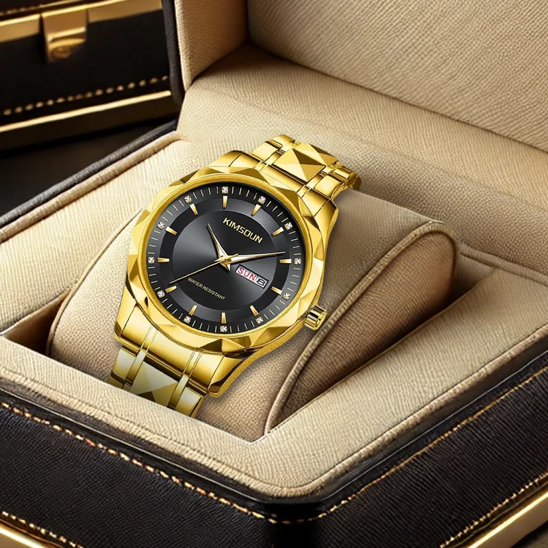 

Мужские модные деловые кварцевые часы с золотым стальным ремешком и двойным шипом