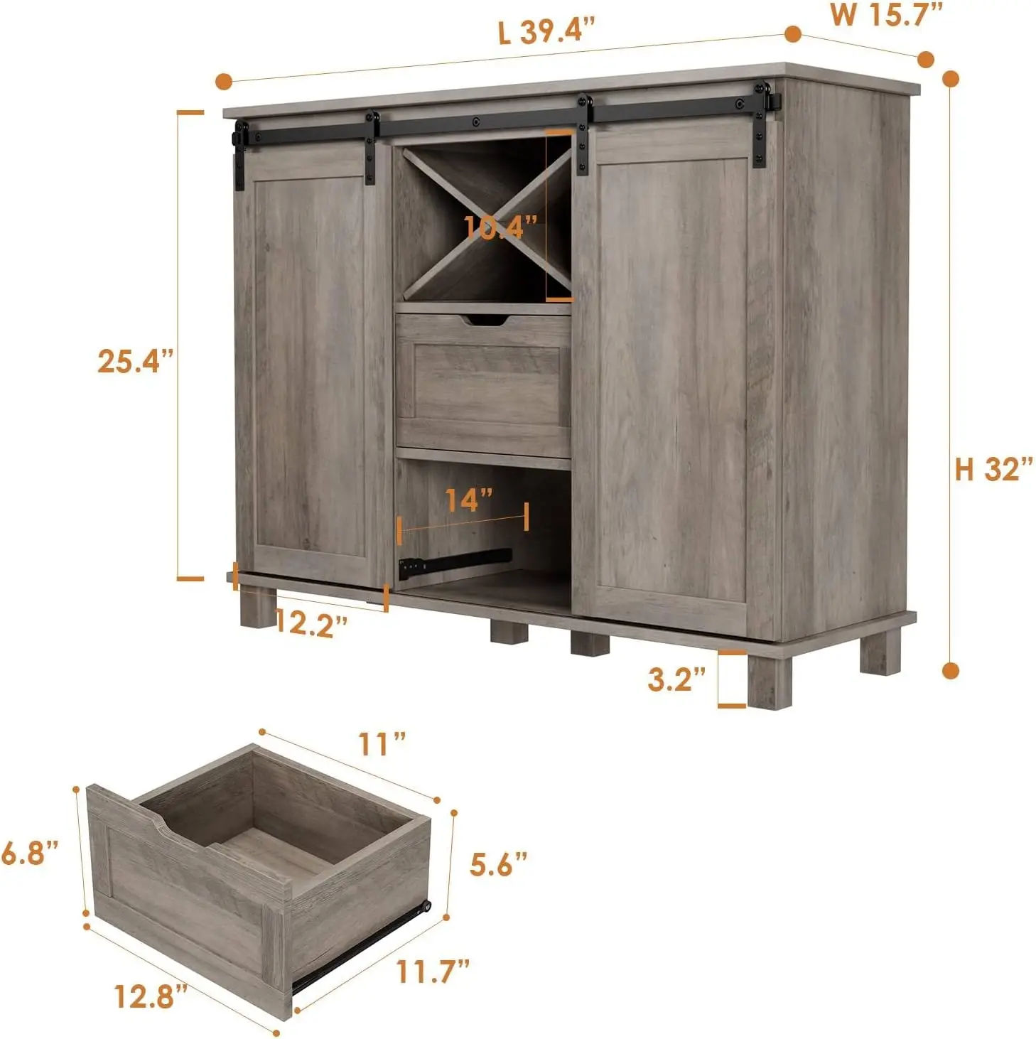 Aparador Buffet Farmhouse, Coffee Bar Cabinet com Armazenamento, Liquor Wine Cabinet com portas deslizantes de celeiro