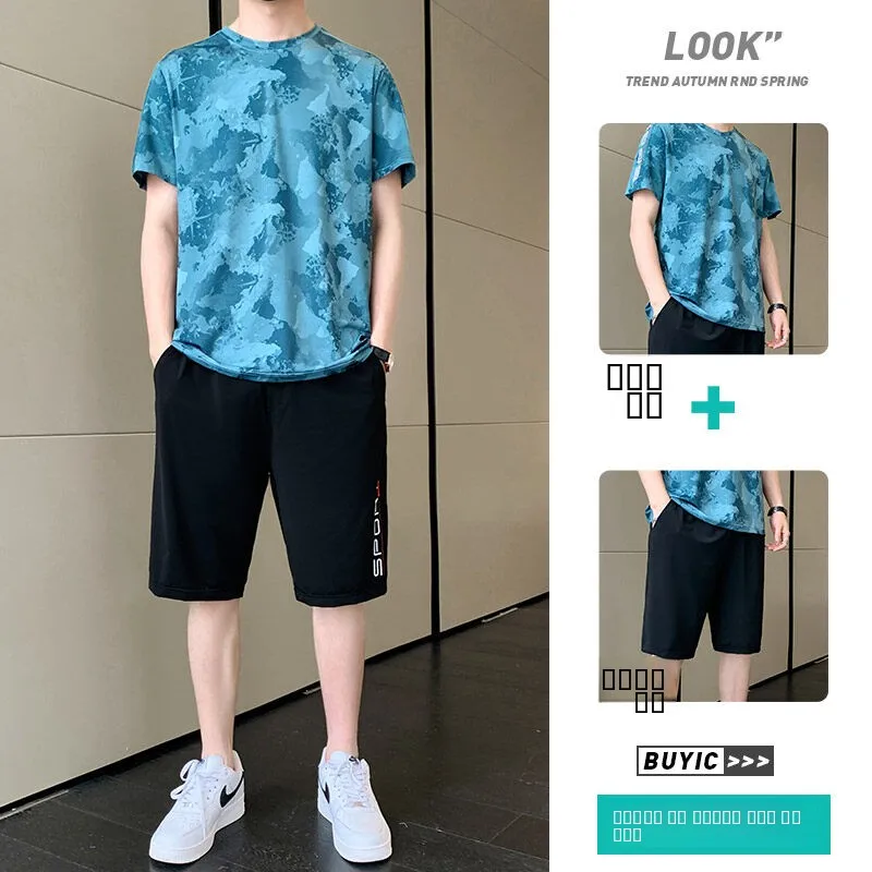 

Летний спортивный комплект из ледяного шелка для мужчин: футболка и шорты для бега и баскетбола, повседневный спортивный костюм из двух предметов...