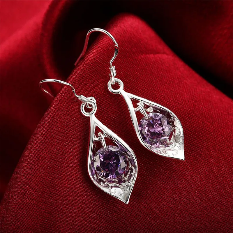 Pure 925 Sterling Silver Earrings Fashion Jewelry Elegant Woman Crystal Amethyst Shell Earrings Engagement Christmas Gifts