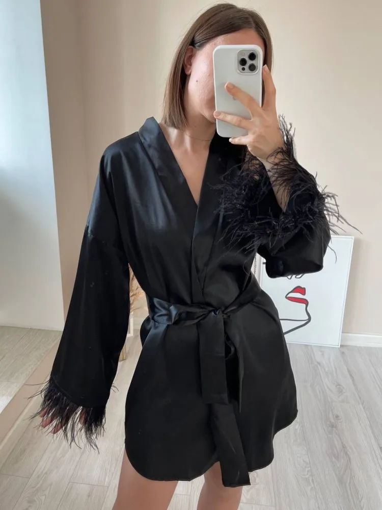 QSROCIO High Quality Cuff Feather Bathrobe Satin Silk Like Sexy Robe Long Sleeve Loose Peignoirs Black