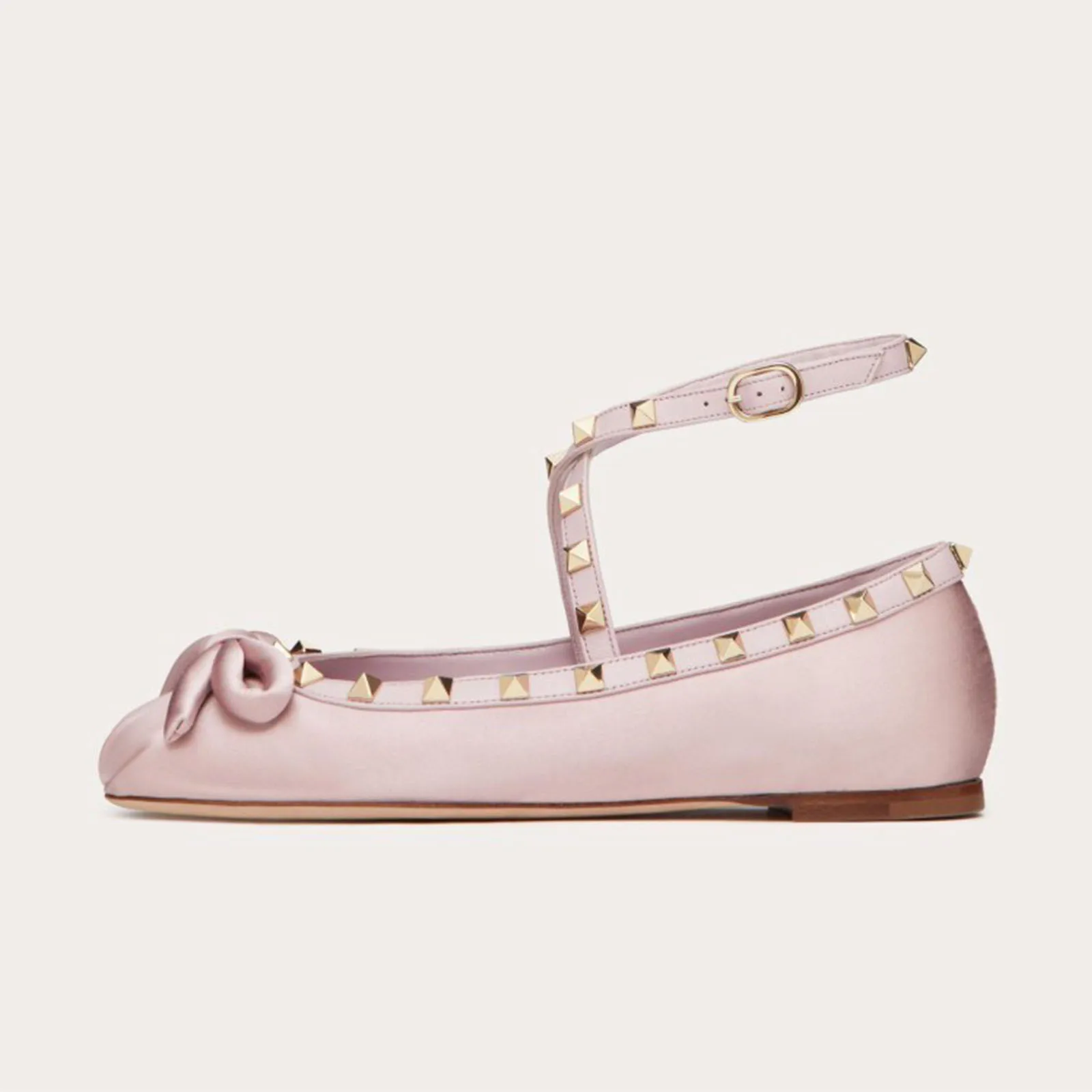 

New Spring/Summer Pink Satin Bow Ballet Flats Round Toe Studded Decorative Ankle Strap Buckle Sweet Mary Jane Shoes For Women