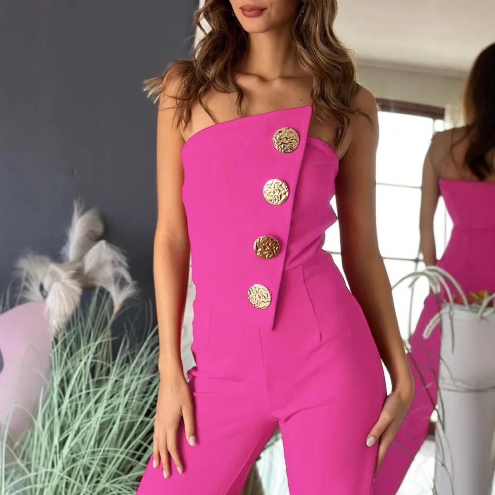 Jumpsuits Women One Piece Flare Pants Button Sexy Strapless Off Shoulder High Waist 2025 Summer Office Lady Boot Cut Trousers