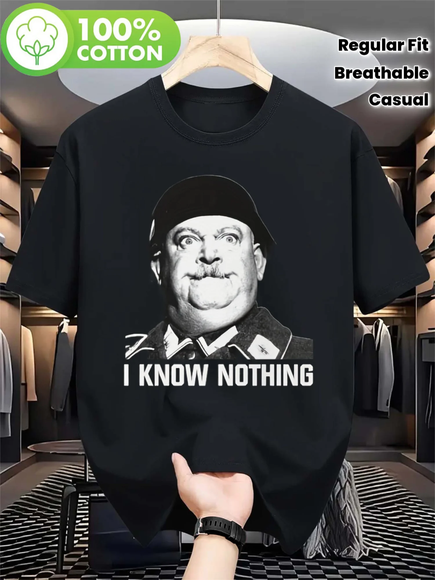 T-shirt décontracté (motif « I Know Nothing ») – Noir, manches courtes, col rond, essentiel pour l'été, coupe décontractée |   Thought-Provoki