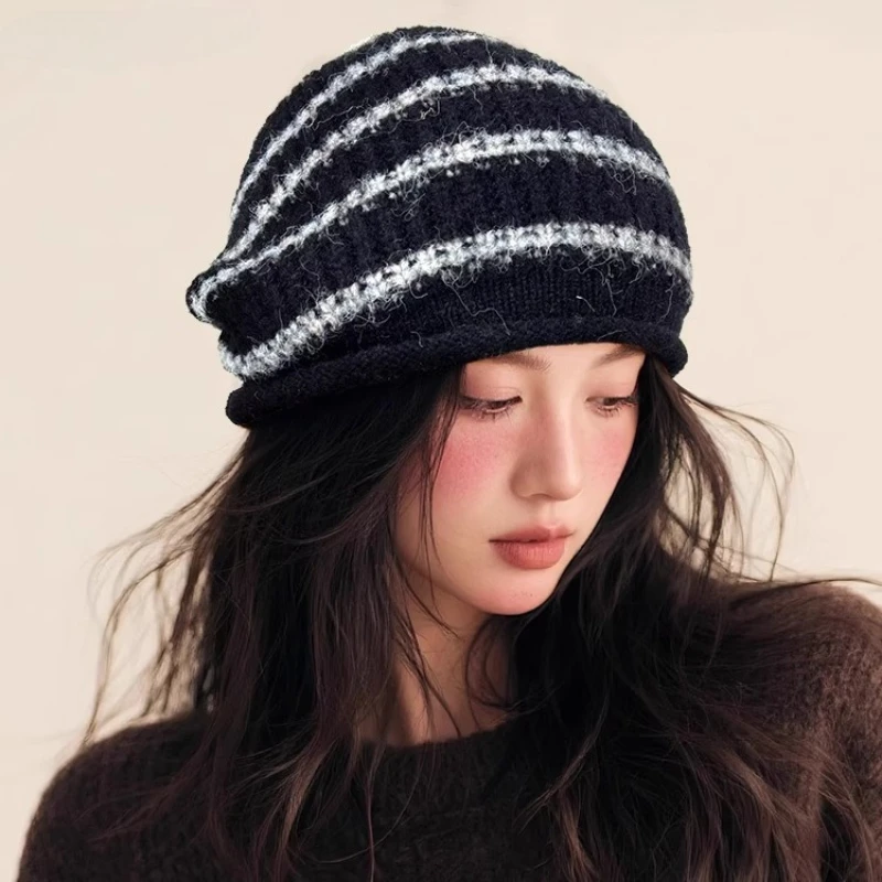 قبعة صوفية محبوكة مخططة عصرية ومتعددة الاستخدامات للرجال للخريف والشتاء قبعة Skullies Beanies الدافئة غير الرسمية للنساء #2