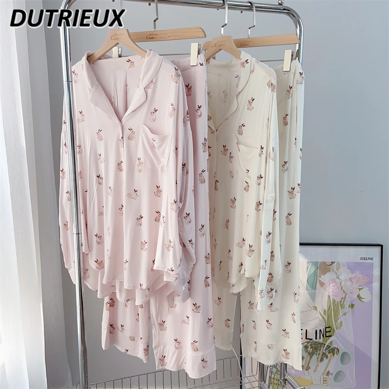 New Japanese Sweet Cute Cartoon Printed Cotton Pajamas Soft Breathable Lapel Loose Long-sleeved Top and Trousers Thin Set