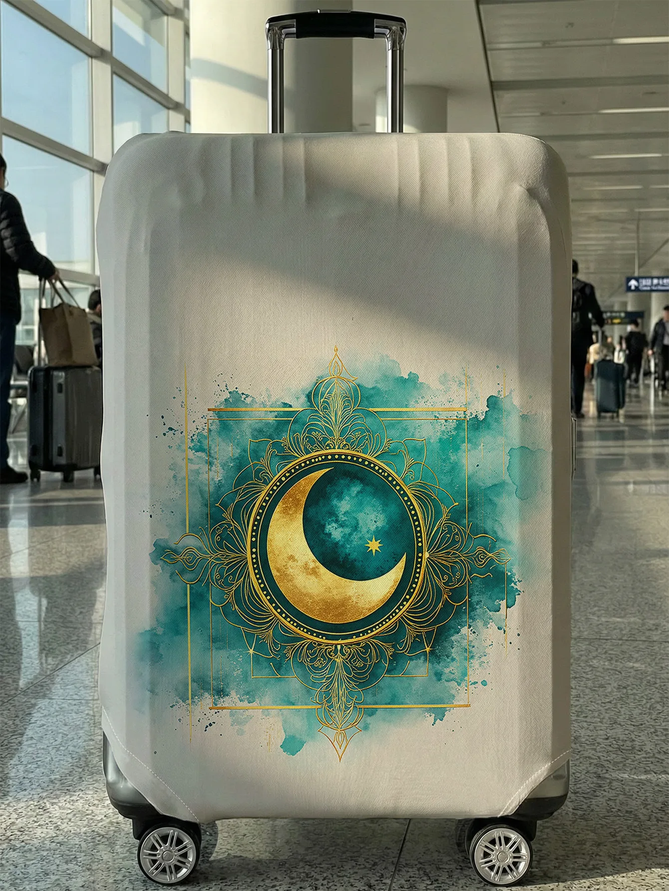 

Green Gold Mandala Moon Print Luggage Cover, Suitable for 18-32 Inch Luggage Cover, Luggage Handle Glove, Travel Accessories