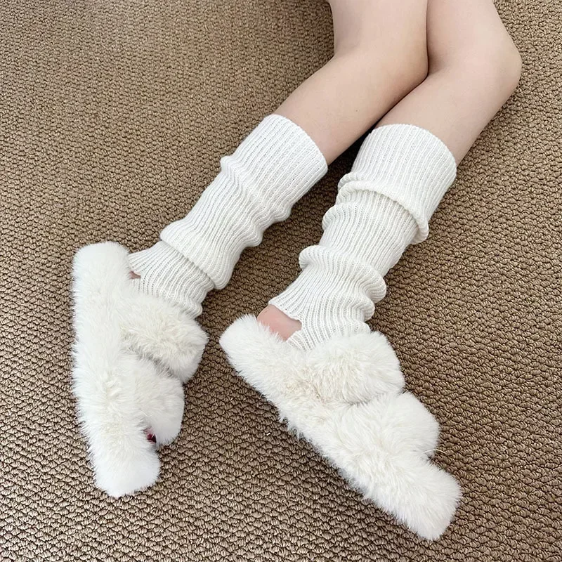 

New Japanese Lolita Y2k Solid Color Leg Warmers Women Hollowed Out Foot Heel Warm Knitted Knee High Socks Legging Gaiters Cover