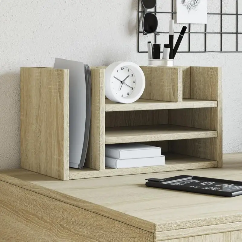 Organisateur de bureau en bois d'ingénierie chêne Sonoma, 6 compartiments, grande capacité, boîte de rangement pour documents, pour bureau, maison, étude, porte-stylos pour papier A4, 44,5x24x25 cm