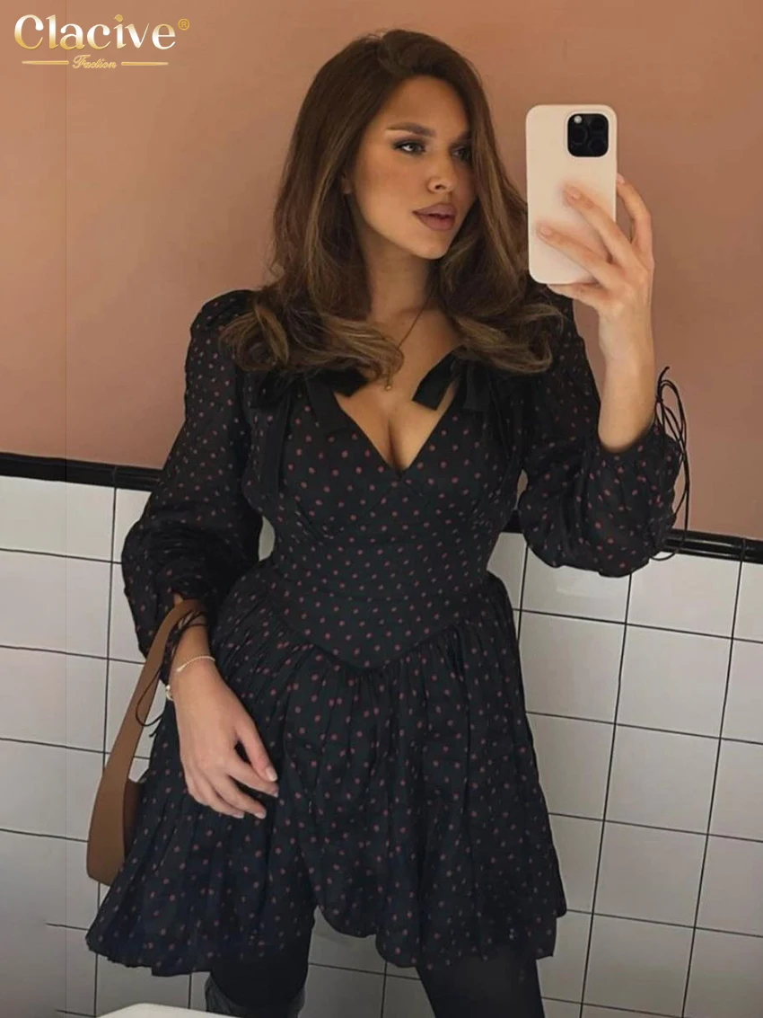 

Clacive Fashion Loose Print Women's Dress 2025 Sexy V-Neck Long Sleeve Mini Dresses Elegant Classic High Waist Female Dress