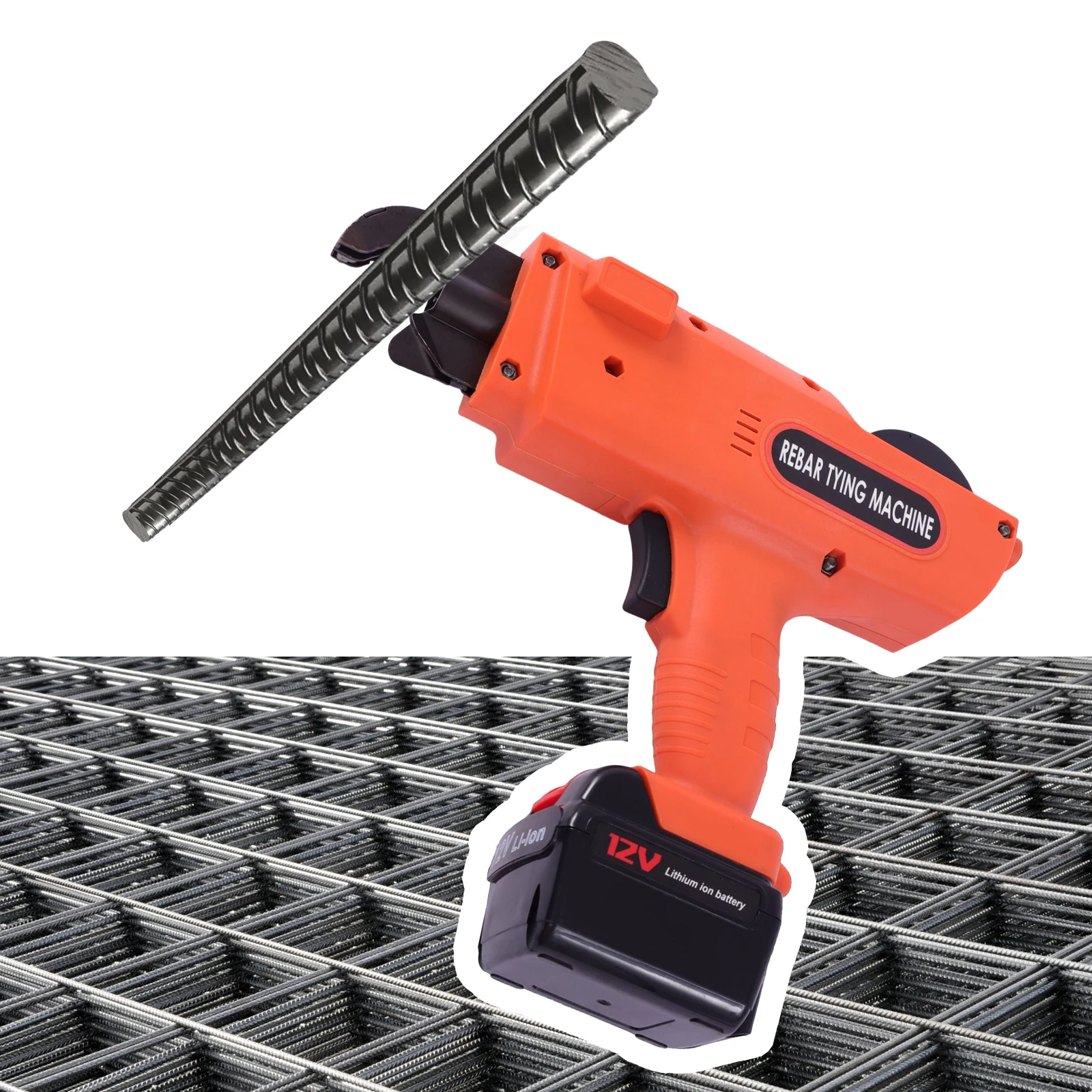 Elektrische Baubindemaschine, tragbares, automatisches, handgeführtes Werkzeug zum Binden von Bewehrungsstahl, geeignet für 6–25 mm, orange, für den Einsatz auf Baustellen, in Eisenbahnbetrieben, im Bergbau, auf Bauernhöfen, für Gartenzäune und unterbodenverlegte Rohrleitungen. – Detail 1