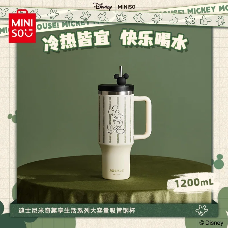 

MINISO New Mickey Mouse Fun Life Series Large Capacity Thermos Cup 1200ML Cartoon Cute Mickey Mouse Cup with Straw Gifts