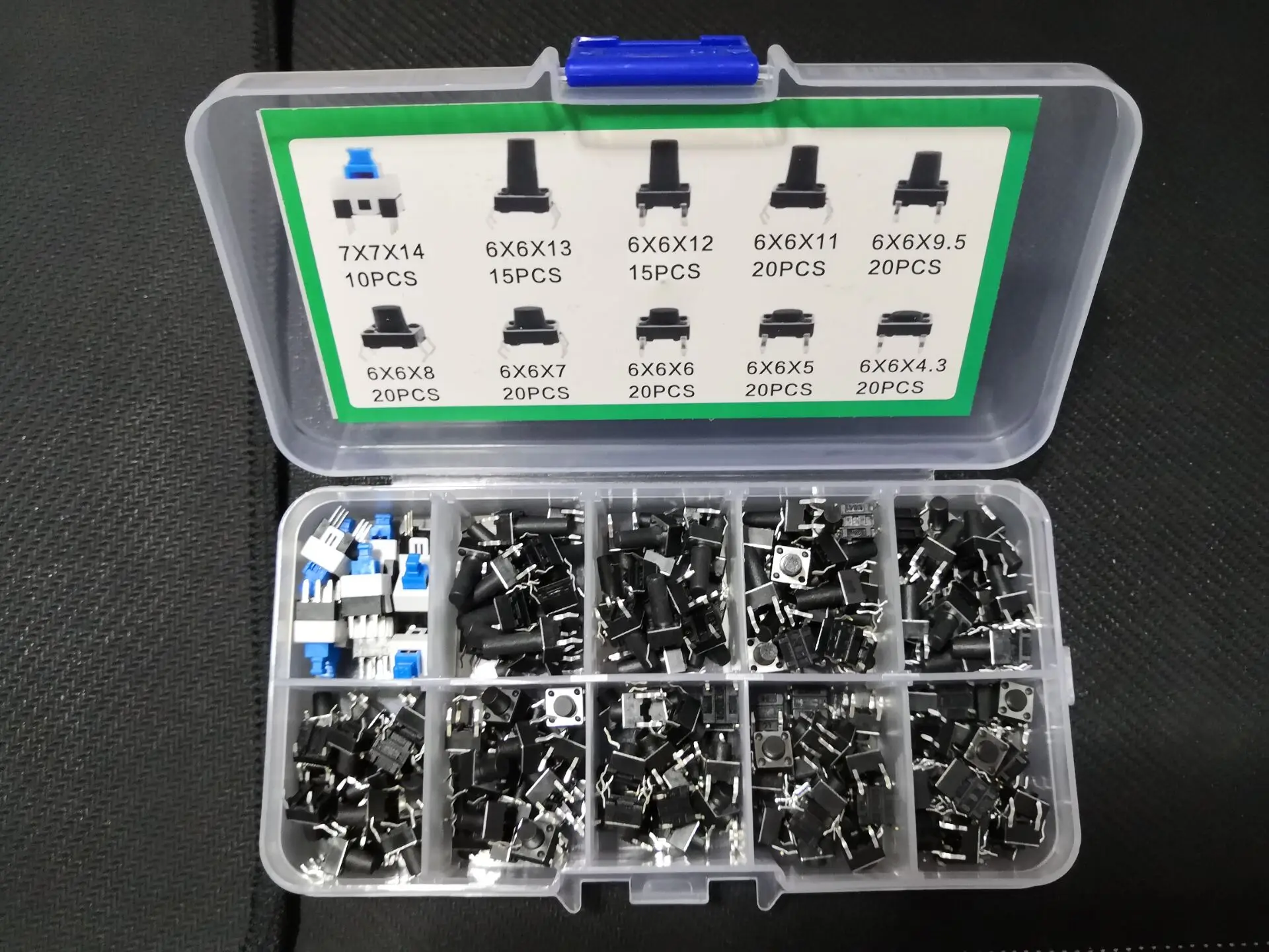 180PCS 10Value Button Touch Switch Kit Box Assortment 6*6*4.3 5 6 7 8 9.5 11 12 13/7*7*14mm Pack Electronic Component Assorted