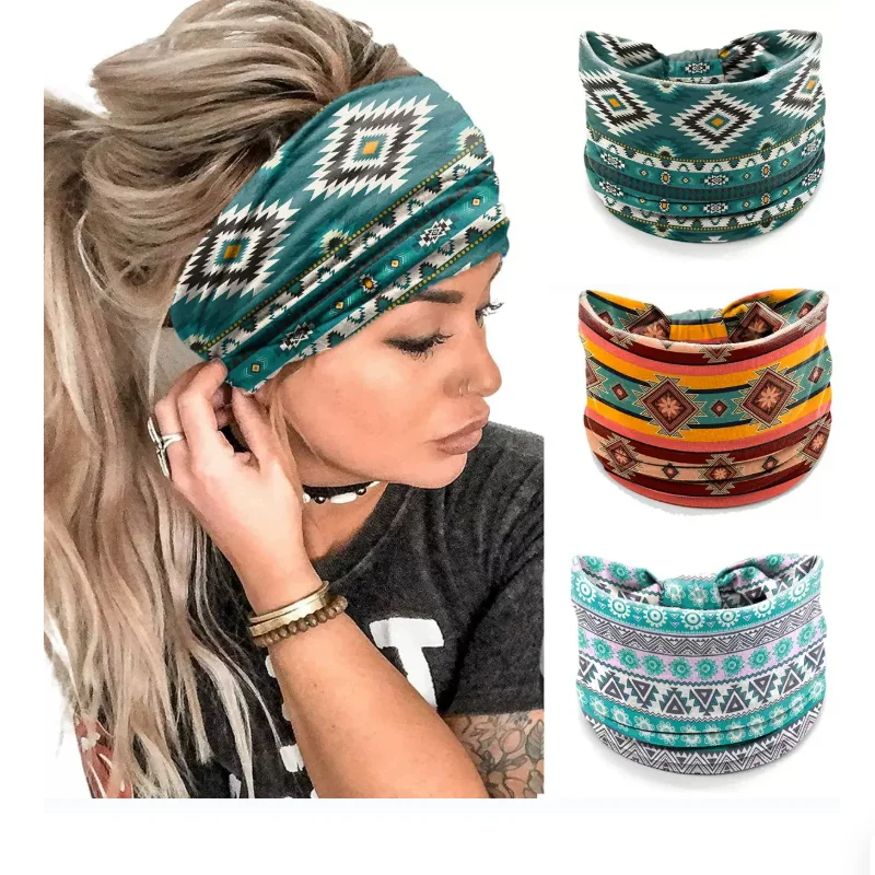 European and American Bohemian Retro Printed Women's Elastic Headband Sports Headband