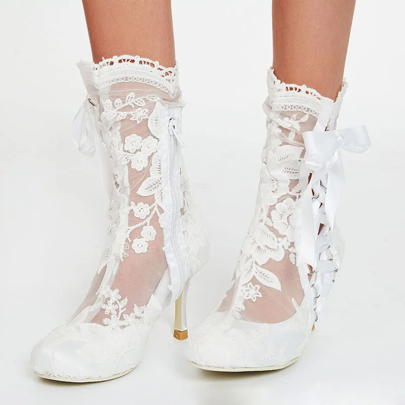 Romantic Floral Lace Ribbons Bandage Ankle Boots Women High Heel Wedding Boots Beauty Flower Lace Mesh Prom Ball Short Booties