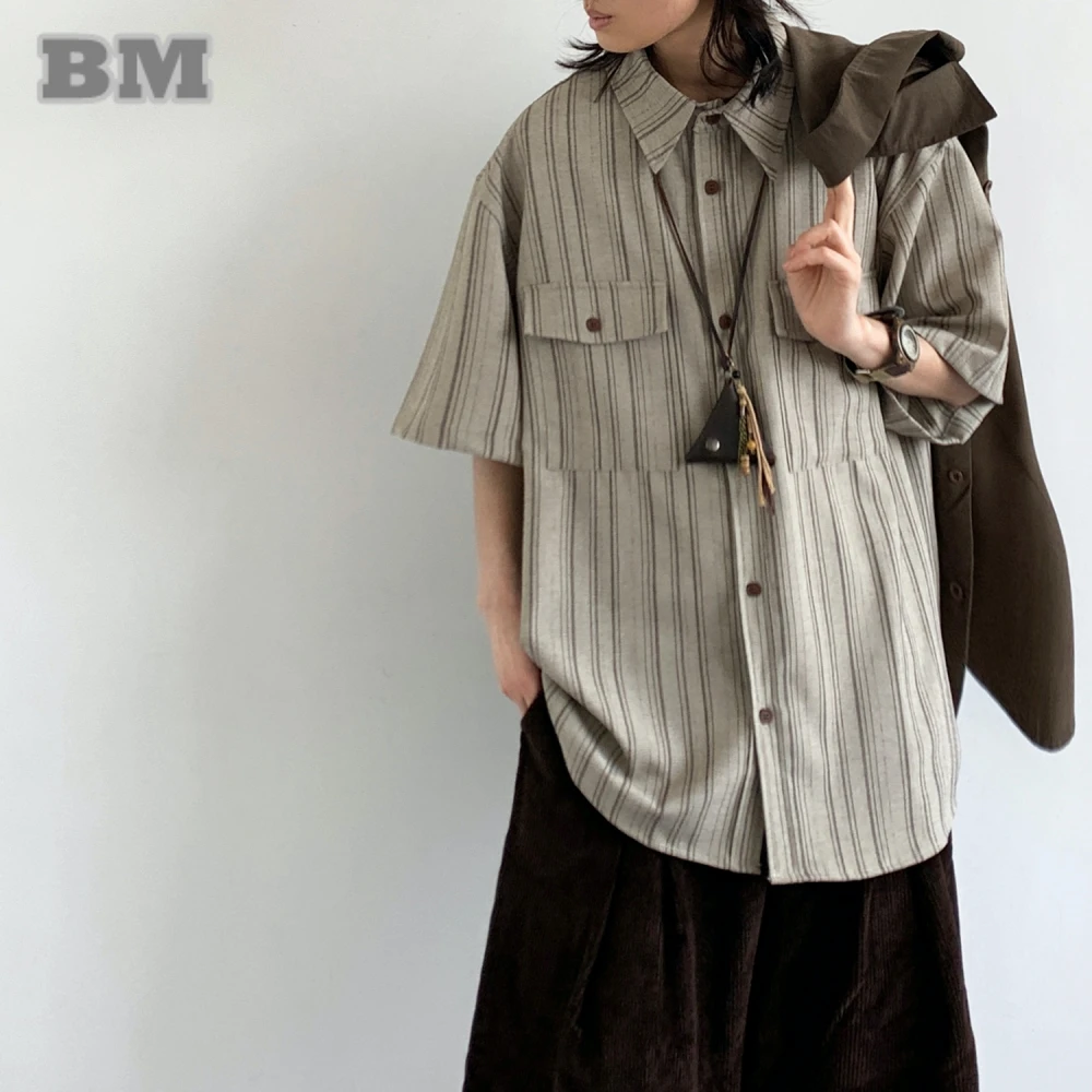 

Japanese Retro Summer Striped Shirt Men Loose Casual Short Sleeve High Quality Top Trendy Versatile Fashion