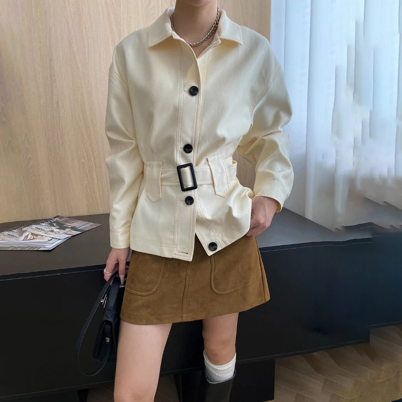 

FANAN Temperament Trench For Women Belt Gathered Waist Lapel Single Breasted Long Sleeve Short Windbreaker 2025 Autumn New